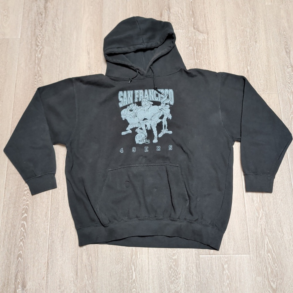 Rare Three Layer Looney Tunes San Francisco 49ers Hoodie Mens XL Black Taz Bugs